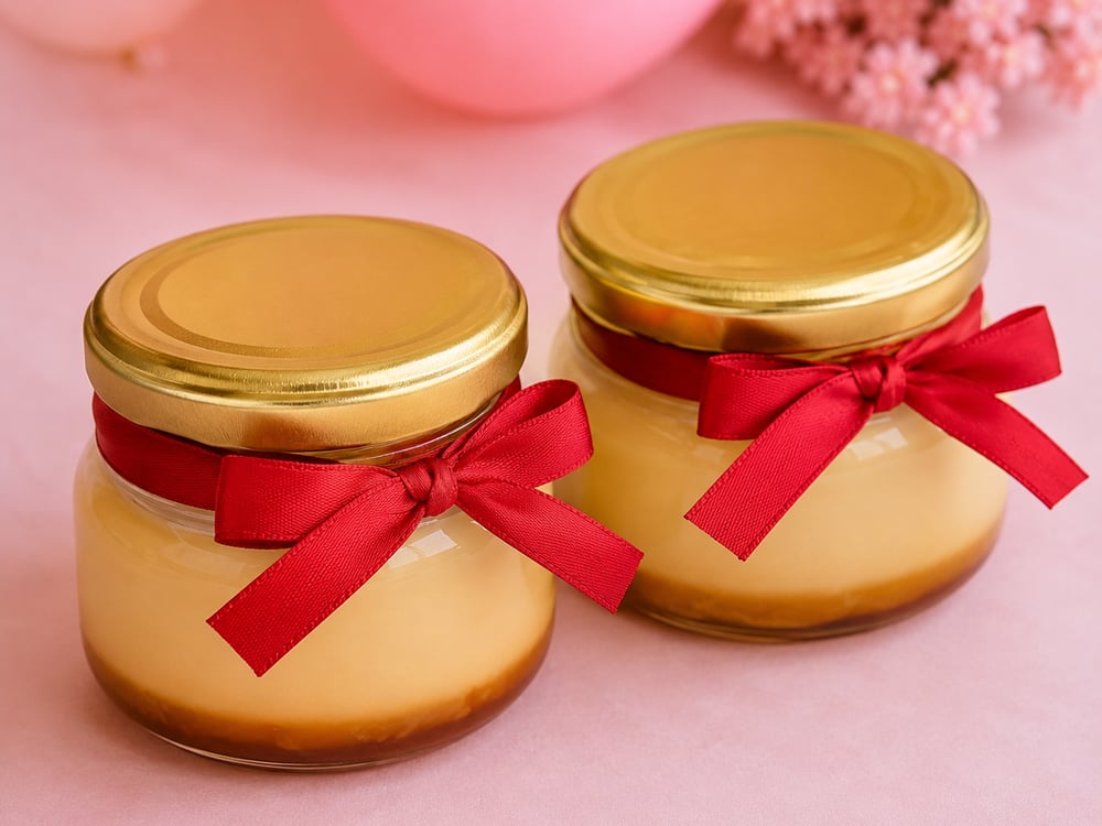 Creamy pudding jars tied with a red ribbon on a blush table in Atlanta