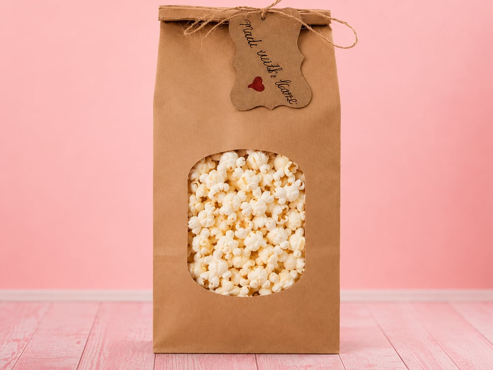 Freshly seasoned salty popcorn in a kraft paper bag