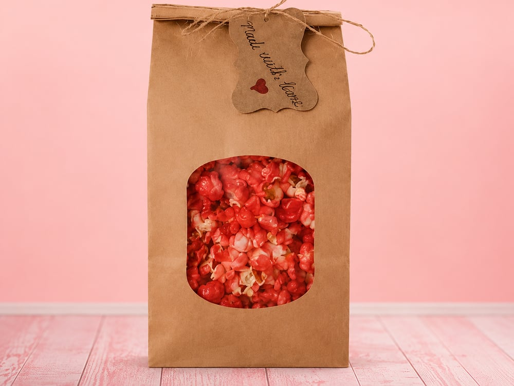Colorful sweet popcorn in a kraft paper bag